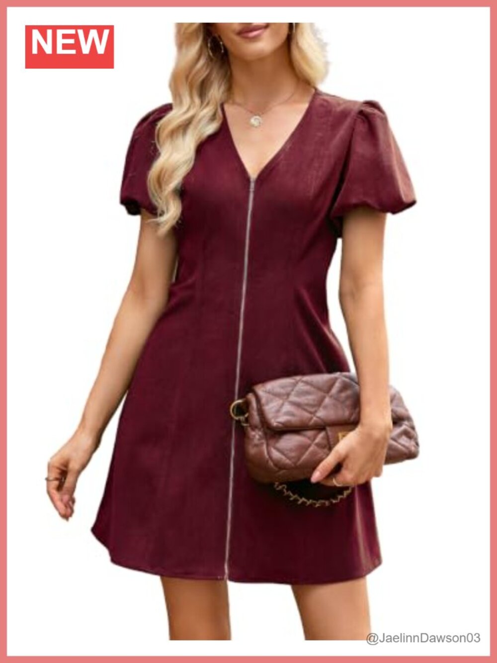 Corduroy Mini Dress Puff Short Sleeve Zip Up V Neck A Line Fall Winter
